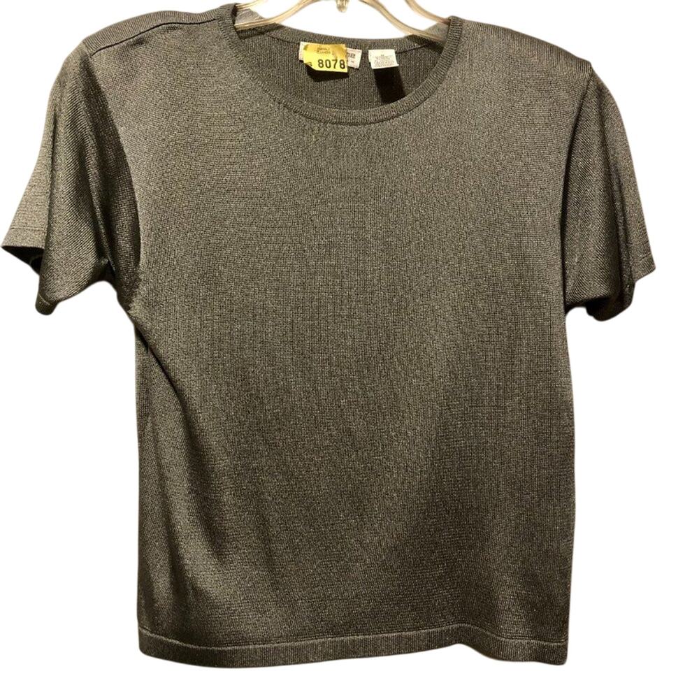 Vintage Liz Claiborne Collection Silver Gray Metallic Knit Blouse Top Stretch